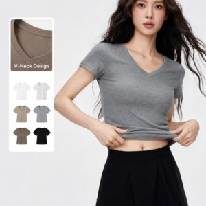 230GSM Stretch V-Neck Slim Short Sleeve T-Shirt (Women)