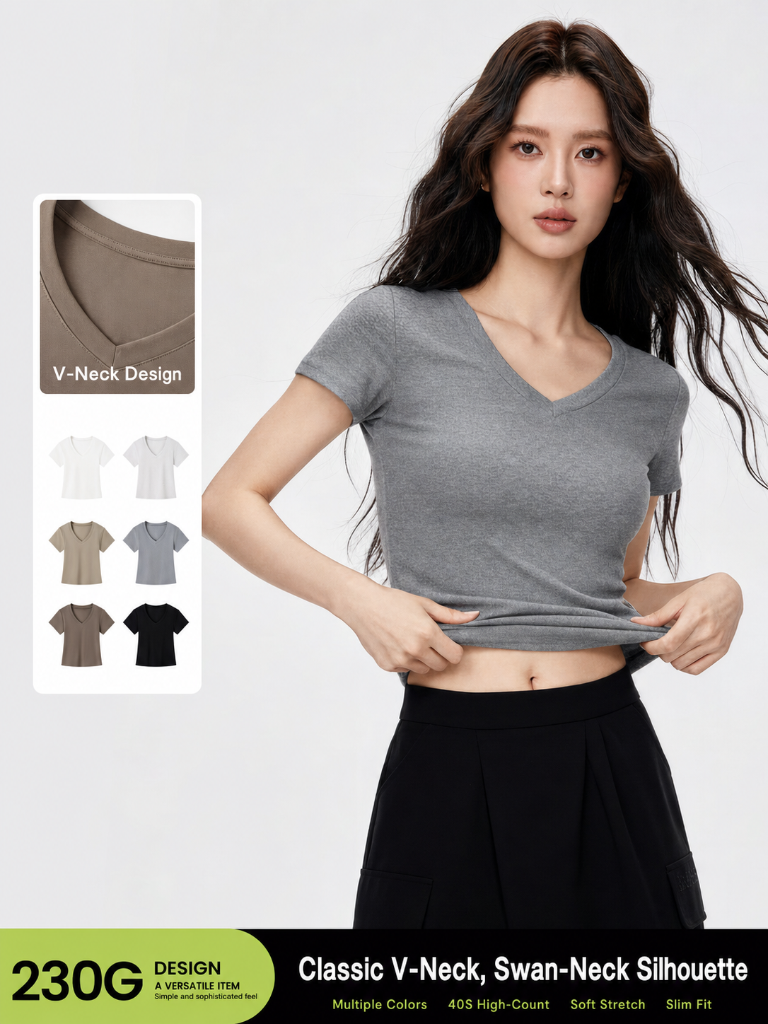 230GSM Stretch V-Neck Slim Short Sleeve T-Shirt (Women)