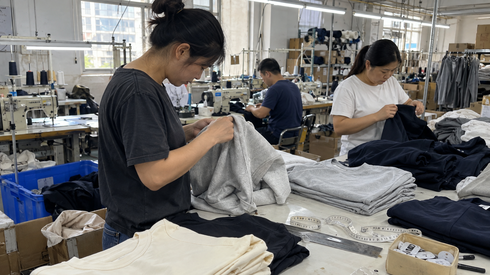 Low MOQ clothing manufacturer in China inspecting garments